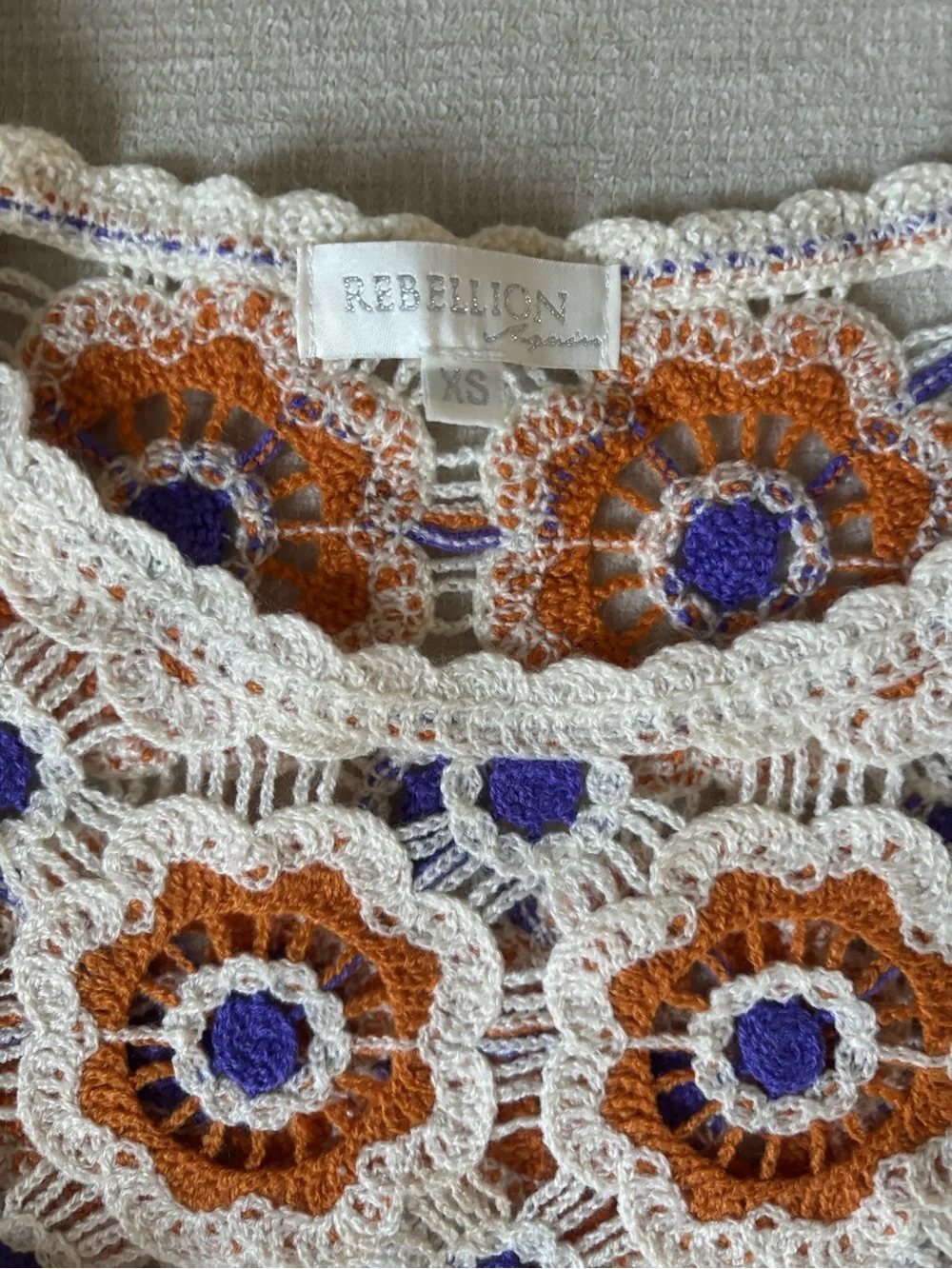 Reformation Crochet Floral Tunic in Cream, Rust & Purple